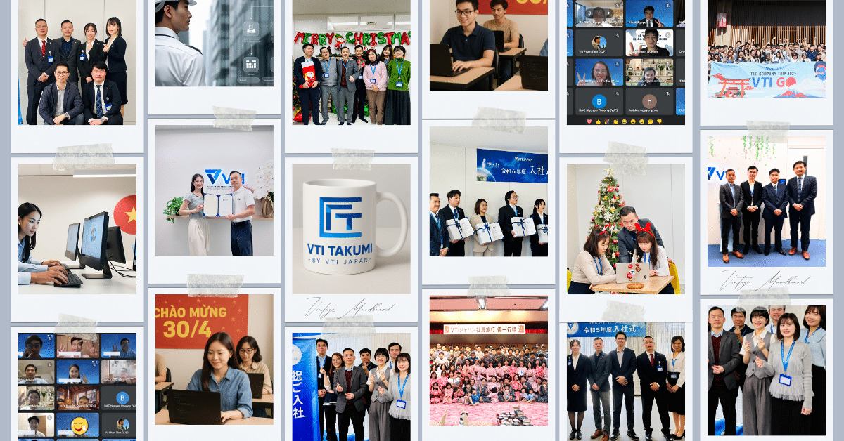 Ảnh thực tế của học viên VTI TAKUMI: lớp học online qua Zoom, học viên thực hành trên máy tính, lễ nhận chứng nhận, lễ nhập công ty (入社式) và các hoạt động cùng công ty